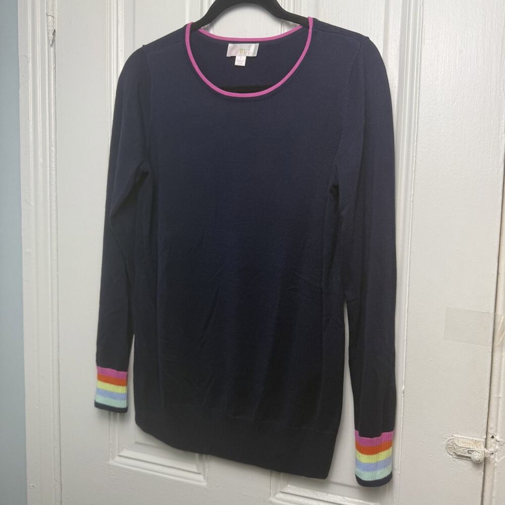 Belle by Kim Gravel Rainbow Cuff Navy Blue Sweater Womens Small NWOT Preppy